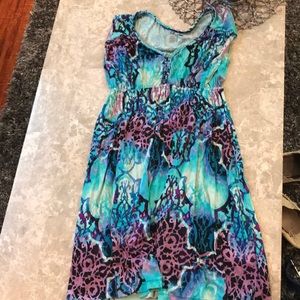 Cute purple/teal/black patterned sundress.